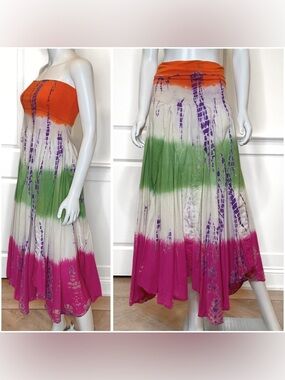 Baba Tie Dye Tiered Maxi Skirt Tube Top Dress Coverup Womens SZ S Gypsy Hippie